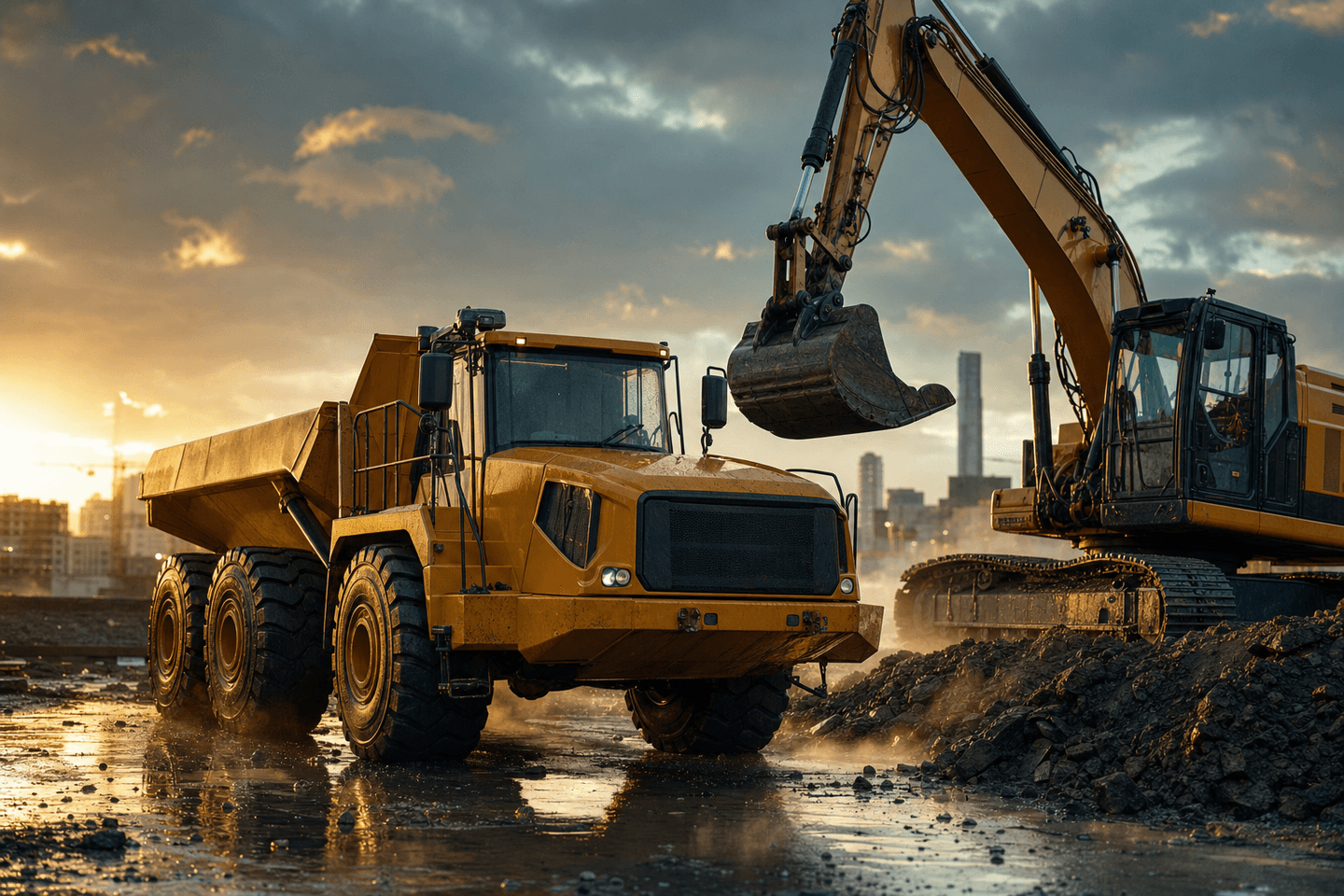 Heavy dump truck and excavator on a cinematic construction site at dusk